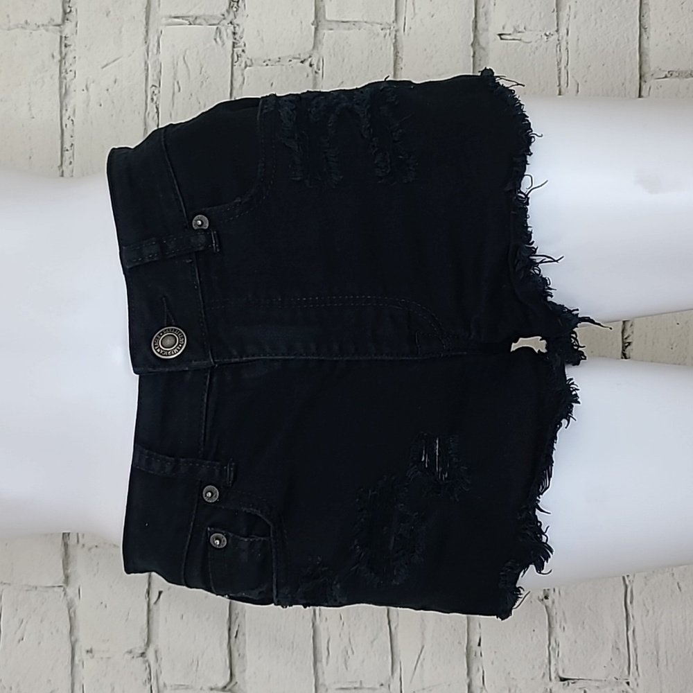 AE Next Level Stretch Hi Rise Shortie Distressed Raw Hem Shorts in Faded Black